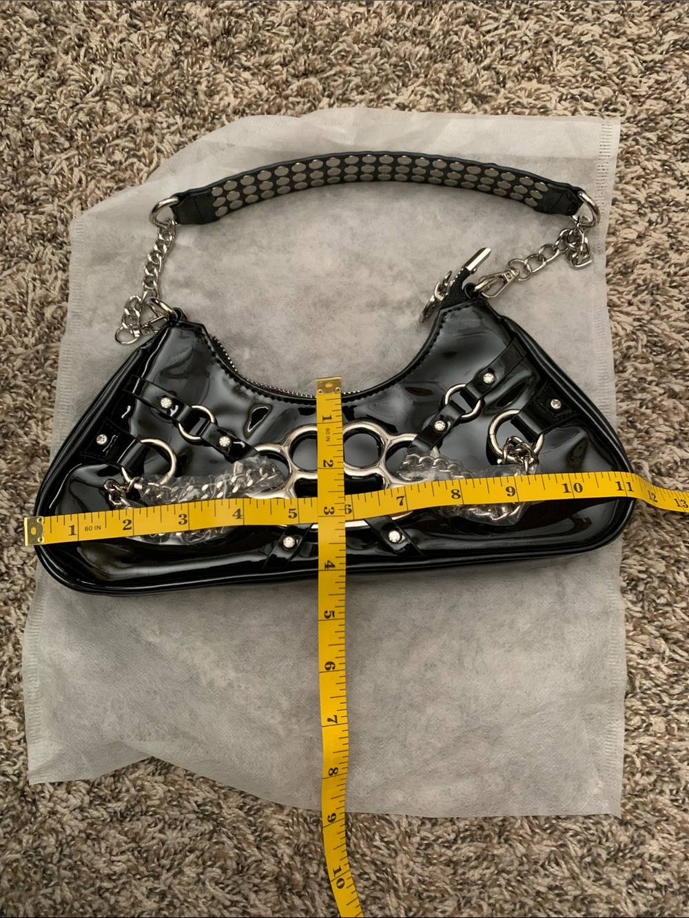 Dolls Kill Generation Kiss Black Patent Shoulder Bag with Studded Strap - Picture 8 of 8